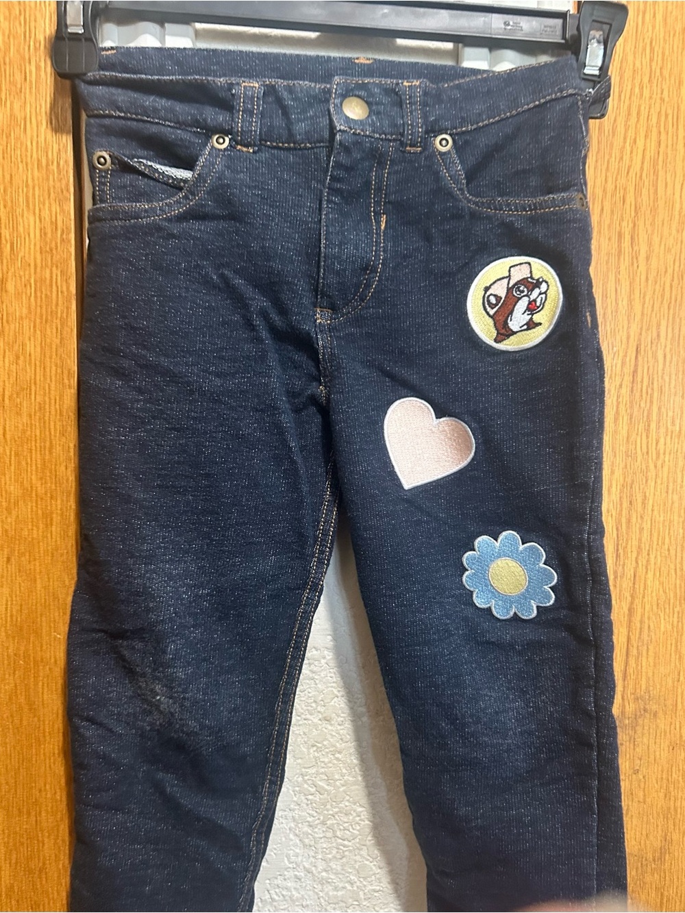 Girls Dark Blue Denim Jeans with Heart, Flower & Character Patches